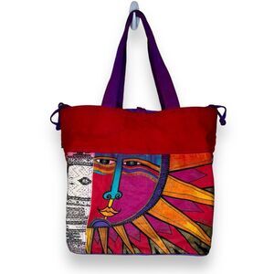 Laurel Burch Celestial Sun Canvas Tote Lined Large Shoulder Bag Bright Beach